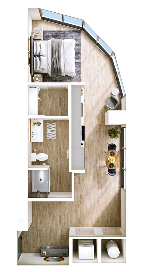 Floor plan for studio, 1 bath, 593 sqft